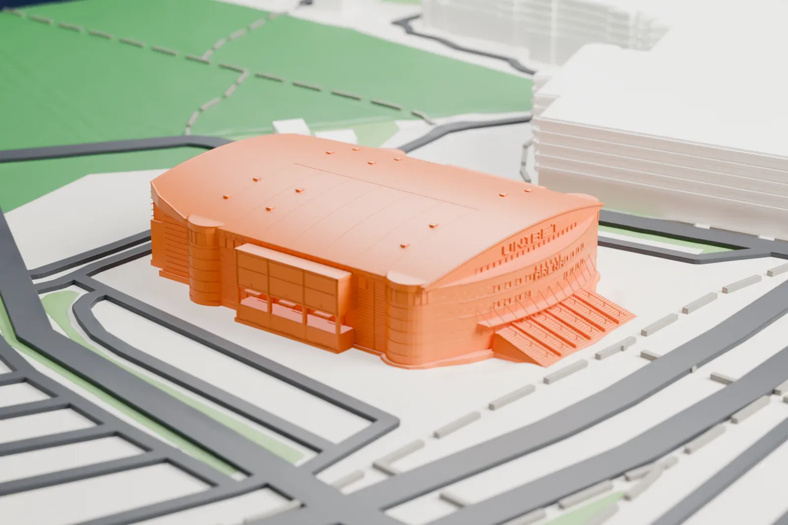 A white 3D print of Unibet Arena, a wide indoor arena with a gently curved roof, surrounded by a web of roads, green patches and low buildings.
