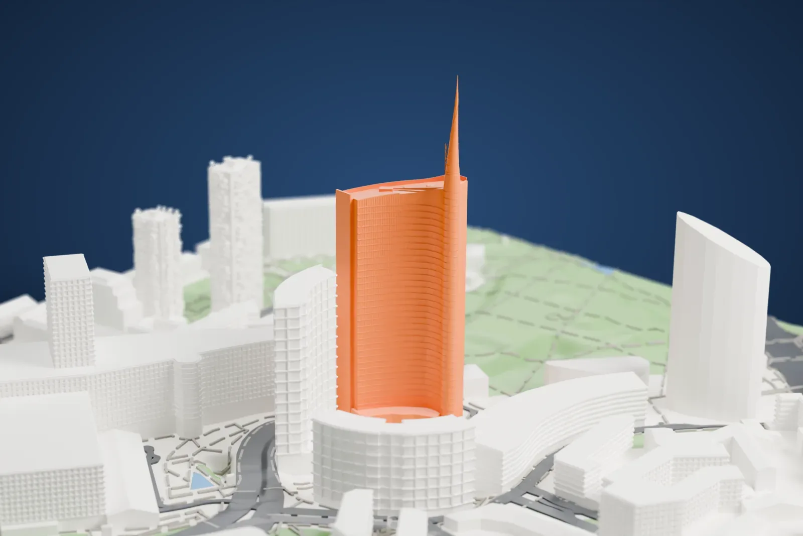A white 3D print of the UniCredit Tower, a tall curved office tower with a slender spire, standing among curved mid-rise buildings, lawns and small plaza pools.