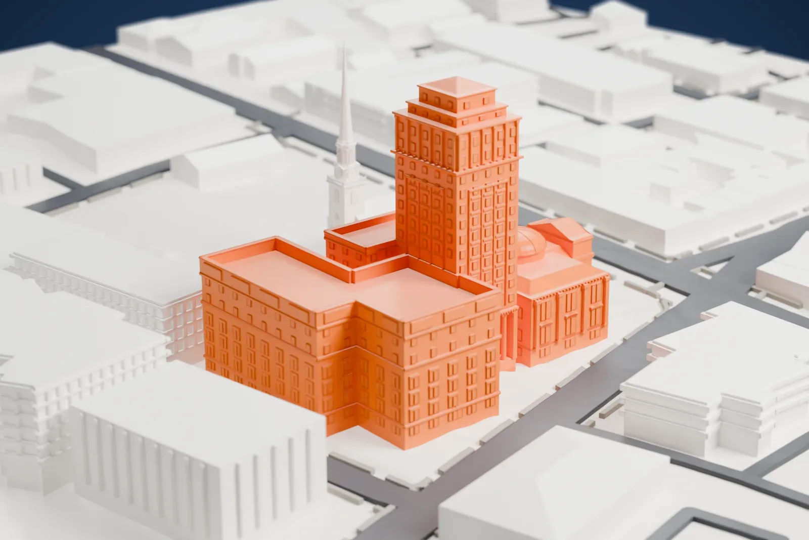 A white 3D print of the Union County Courthouse, a tall stepped tower rising from wide wings beside a domed entrance building, among city blocks.