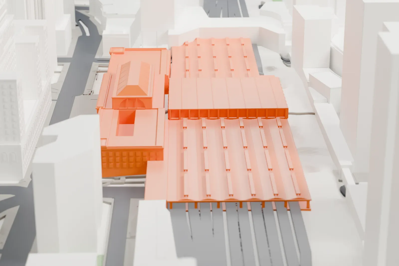 A white 3D print of Union Station, a long, low station block set among downtown city blocks and streets.