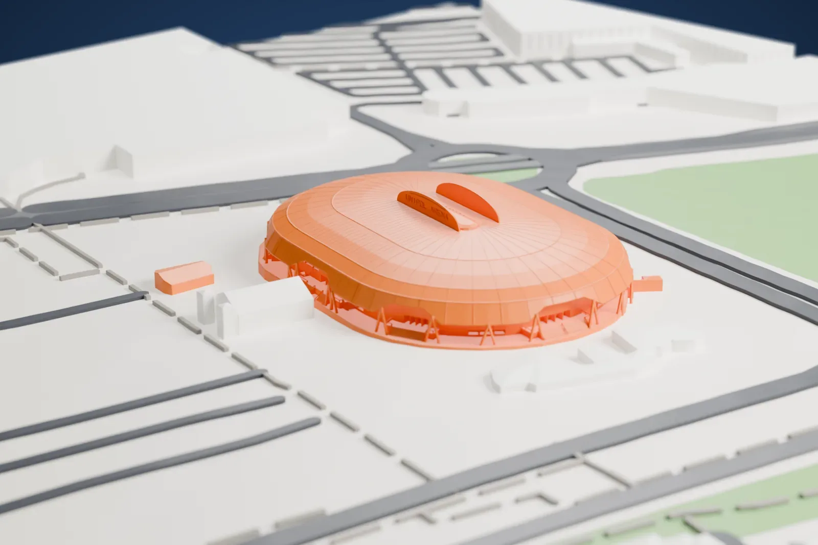 A white 3D print of Unipol Arena, a low ribbed dome with slim struts at its entrances, standing on open ground between roads and roundabouts.