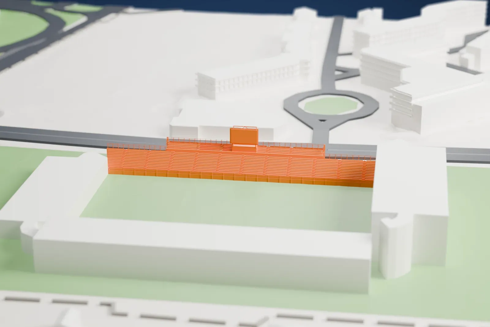 A white 3D print of the Unipol Domus grandstand, a long uncovered single-rake stand with stepped seat rows, a higher central block and a video board on a scaffold tower, among surrounding streets and buildings.