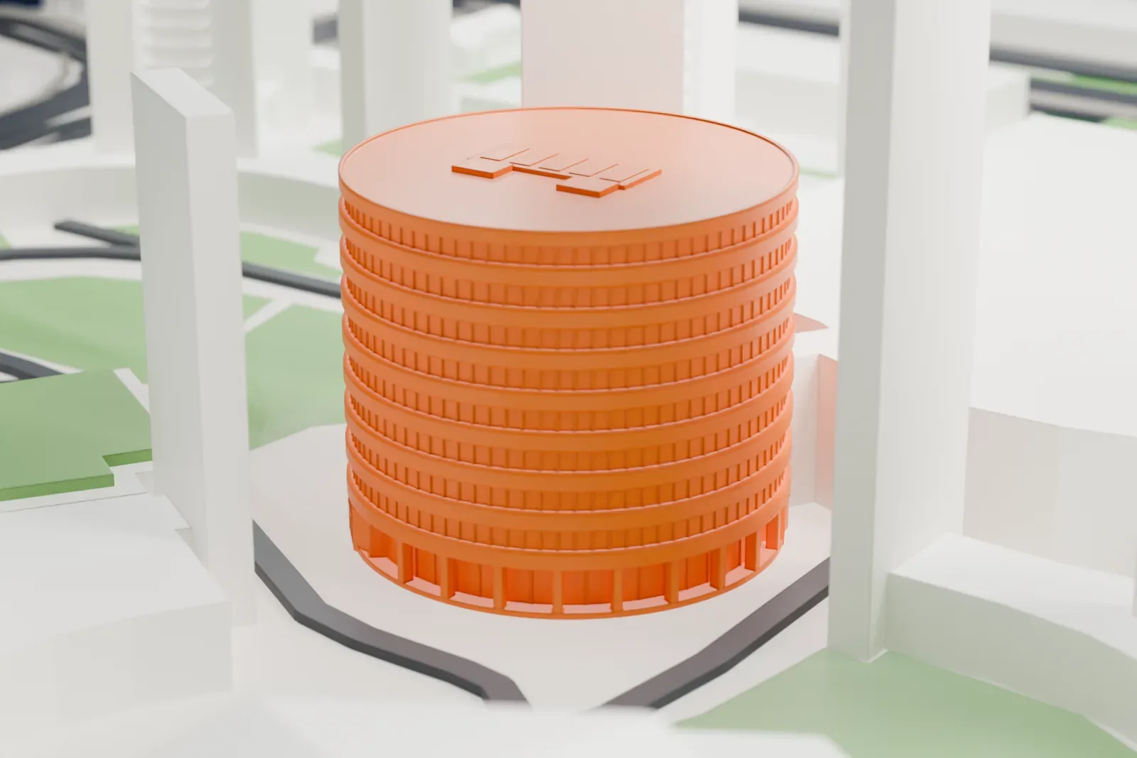 A white 3D print of the United Nations Office at Vienna among the surrounding streets and buildings.