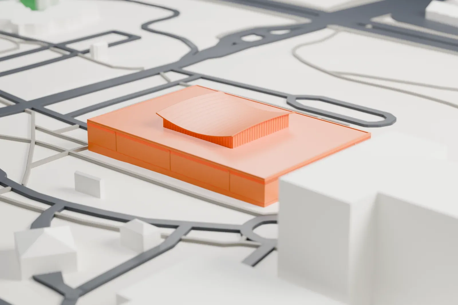 A white 3D print of the National Library of Medicine, a broad low building on a campus of surrounding blocks.