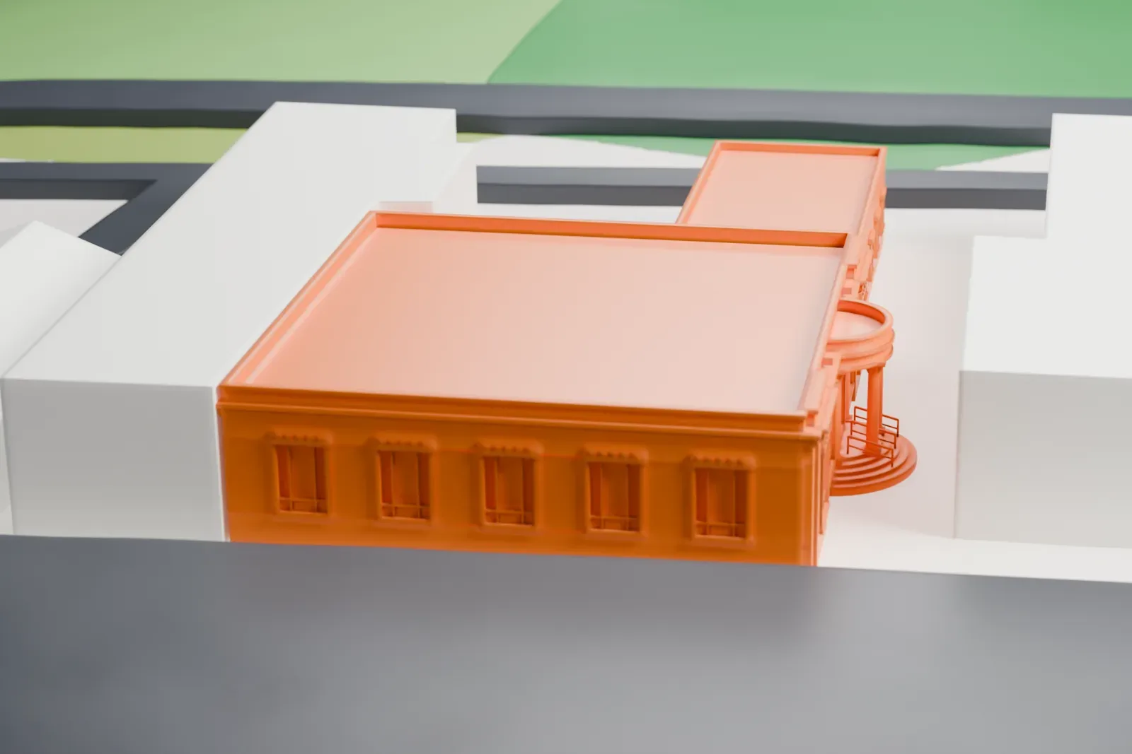 A white 3D print of the Bay Shore Post Office, a low flat-roofed building in two sections, among larger buildings and streets.