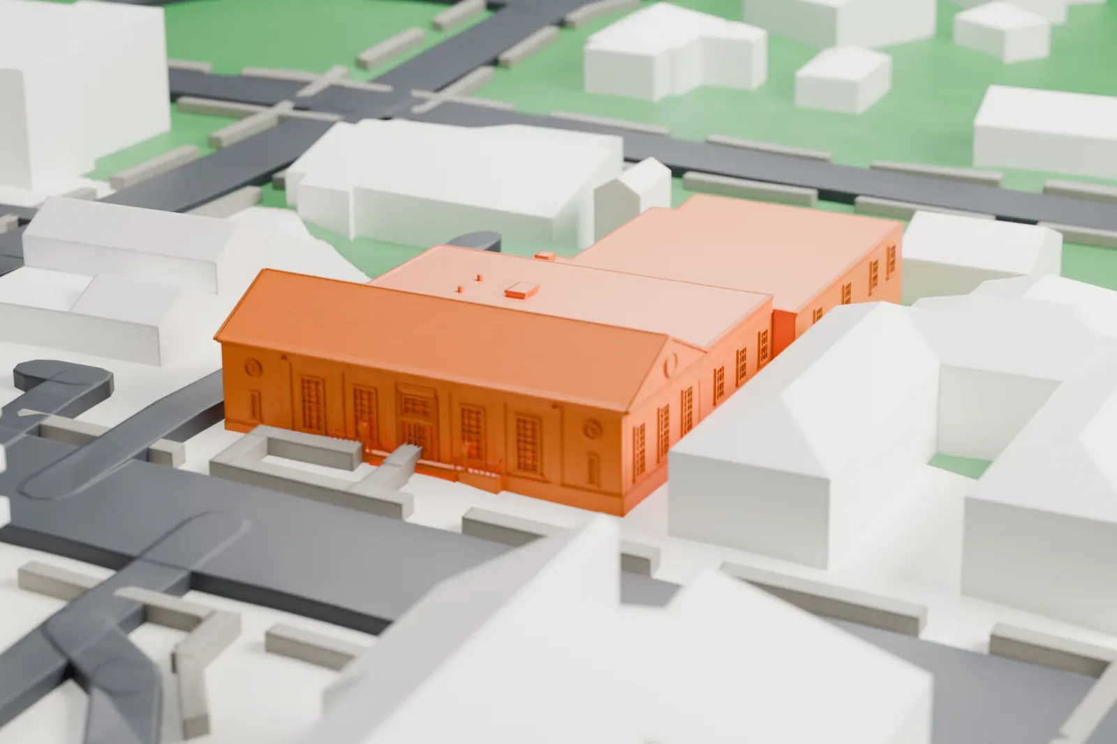 A white 3D print of the Bronxville post office, a low building with a gabled front and a flat-roofed wing, among small houses, green lawns and streets.