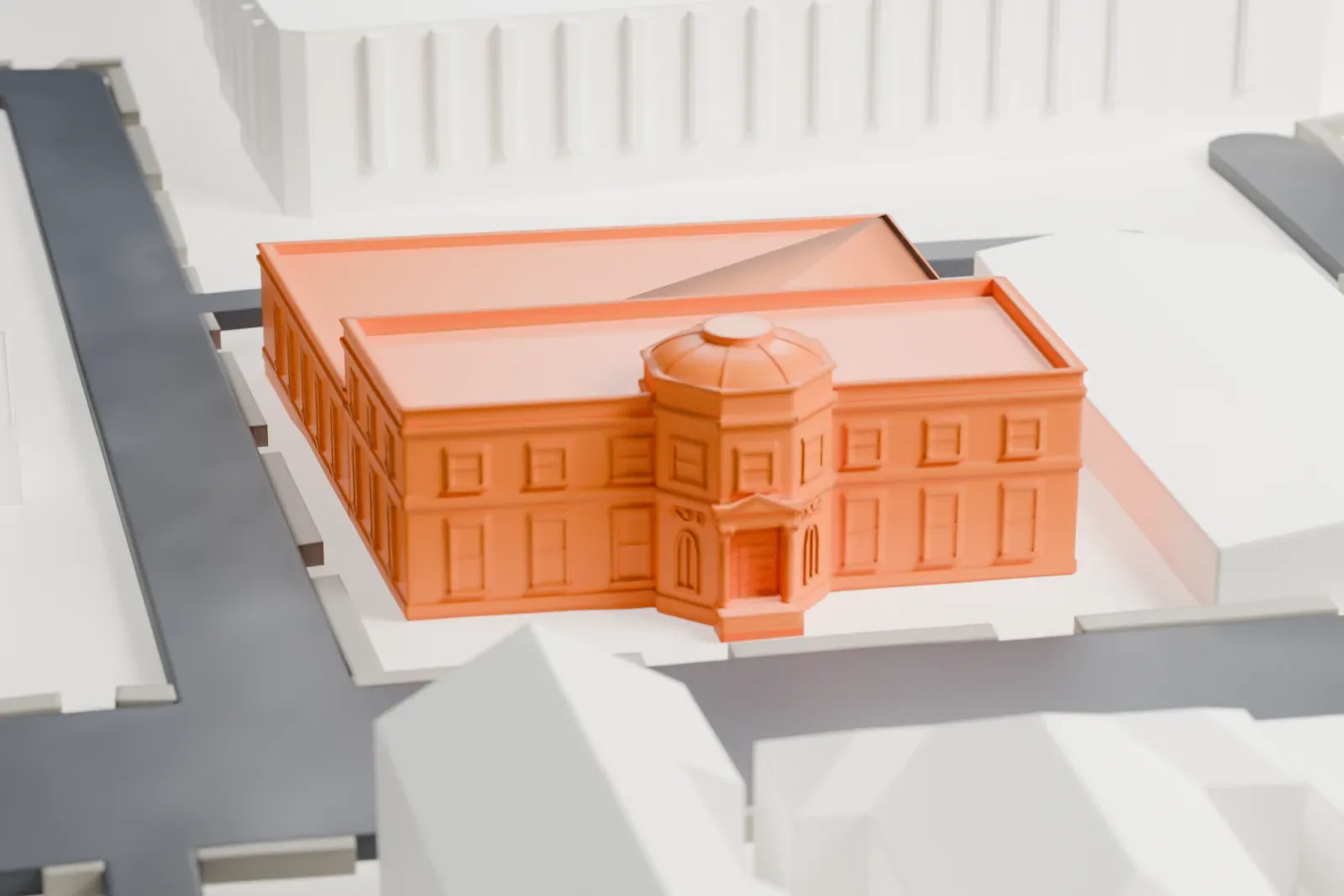 A white 3D print of a two-story post office with a small domed bay at one corner, among nearby streets and buildings.