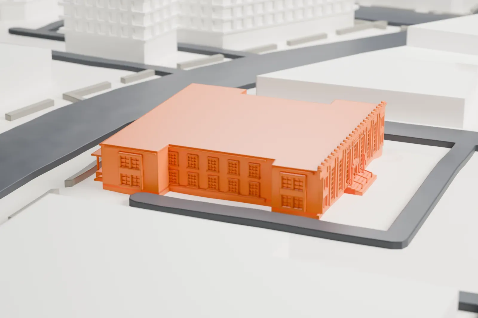 A white 3D print of the Hempstead post office, a two-story building with a stepped entrance, hemmed in by taller blocks of buildings and streets.