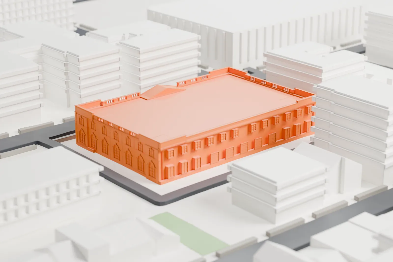 A white 3D print of the Jamaica post office, a two-story building surrounded by taller buildings and streets.