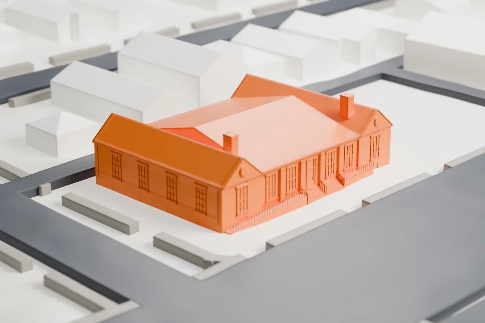 A white 3D print of the Long Beach post office, a low brick building with two gabled end pavilions, on a block of a street grid with a few smaller buildings.