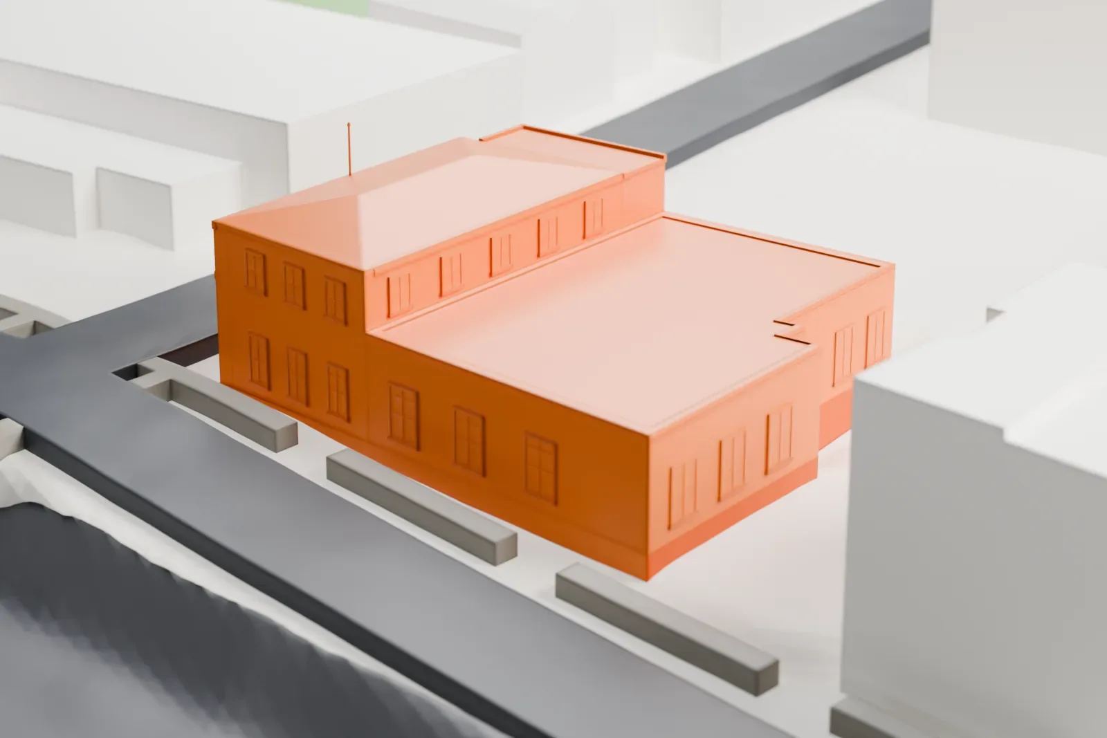A white 3D print of the Morrisania post office, a two-story building with a hipped roof, standing among streets and taller buildings.