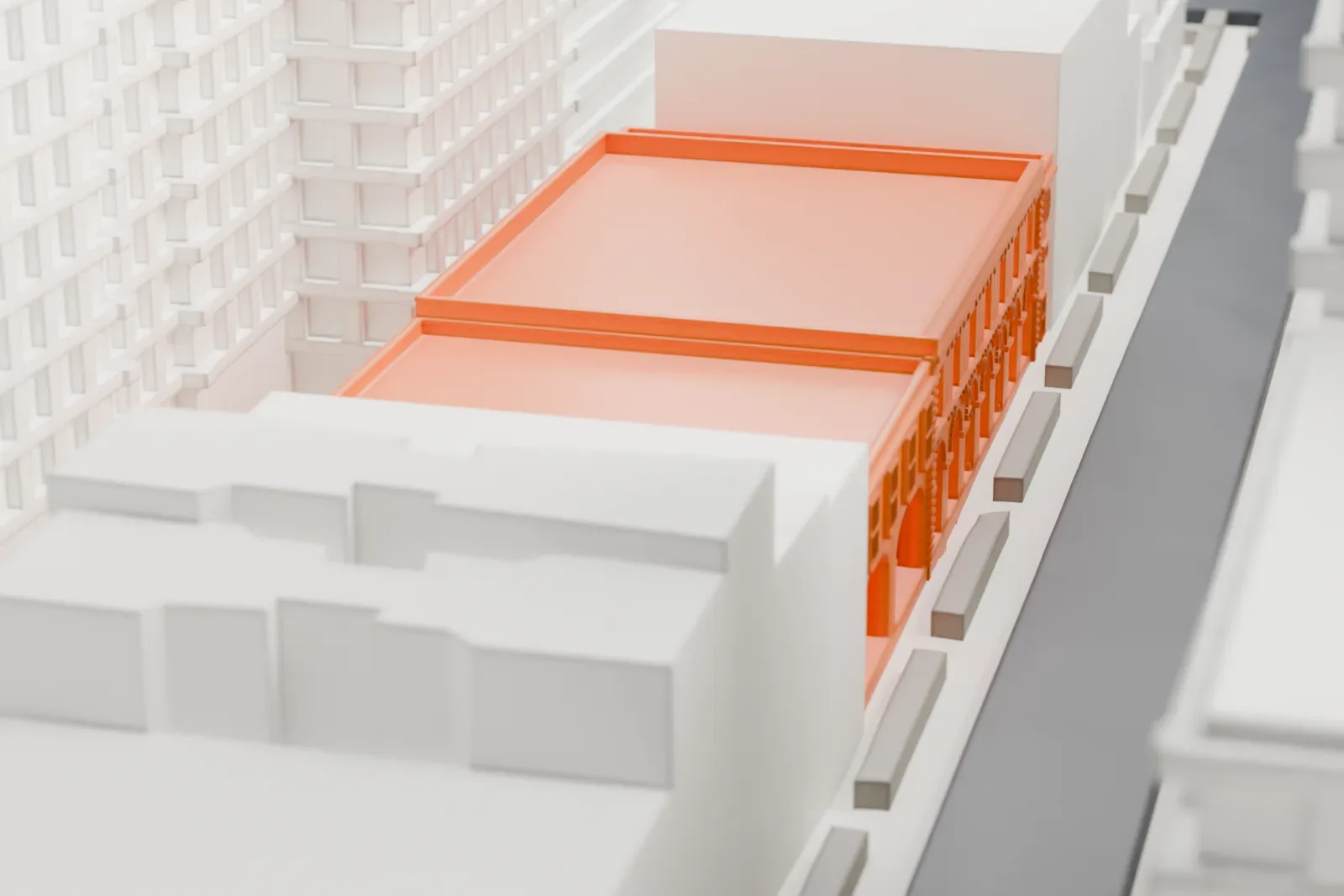 A white 3D print of the Old Chelsea Station post office, a small two-story building among dense blocks of taller buildings in Manhattan.