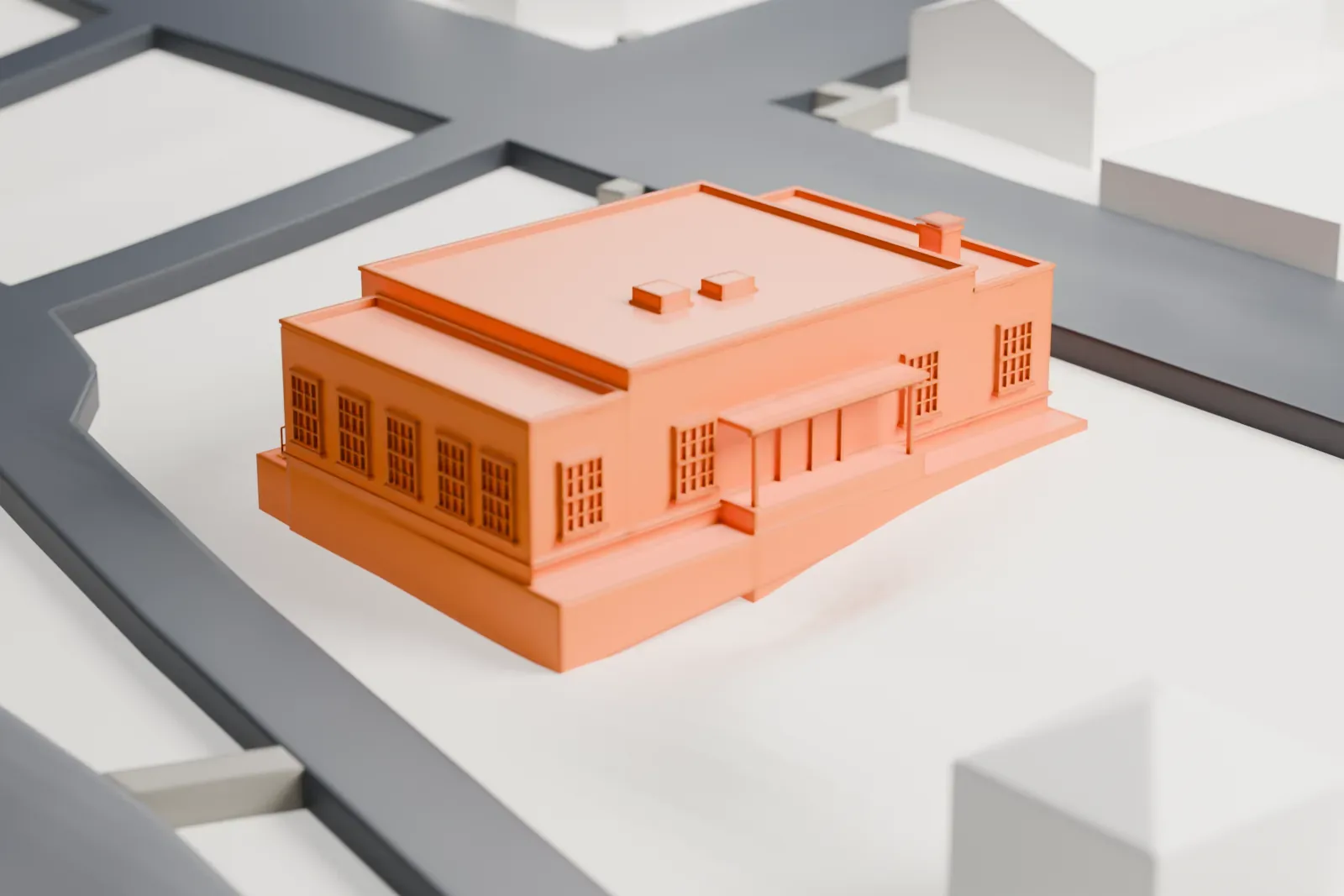A white 3D print of the United States Post Office in Pearl River, a low brick building with a flat roof and a raised center section, beside streets and open ground.