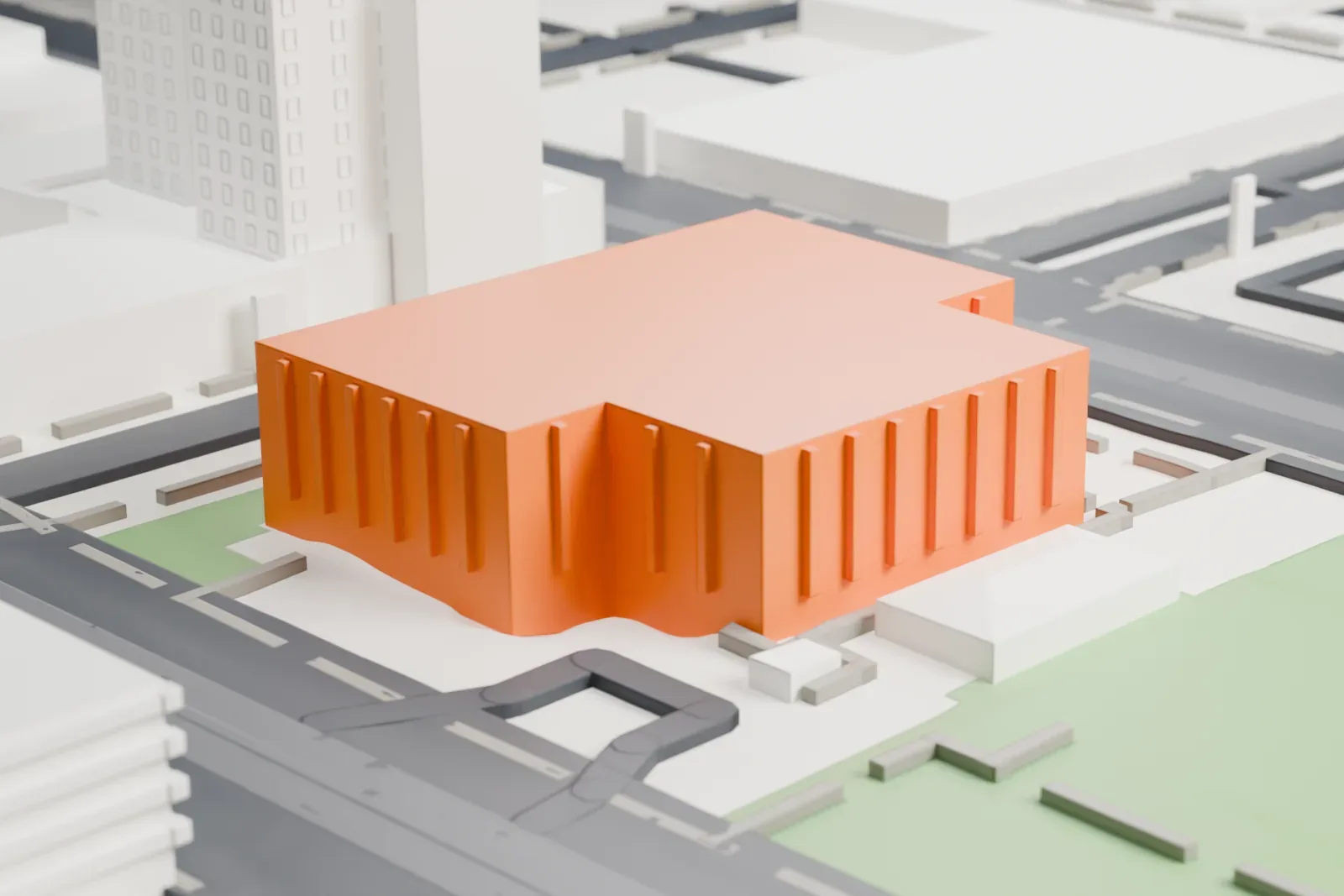 A white 3D print of the United States Post Office in Phoenix, a wide, two-wing building with a low ribbed roof and rows of arched windows, set among lawns, streets and a taller neighbor.