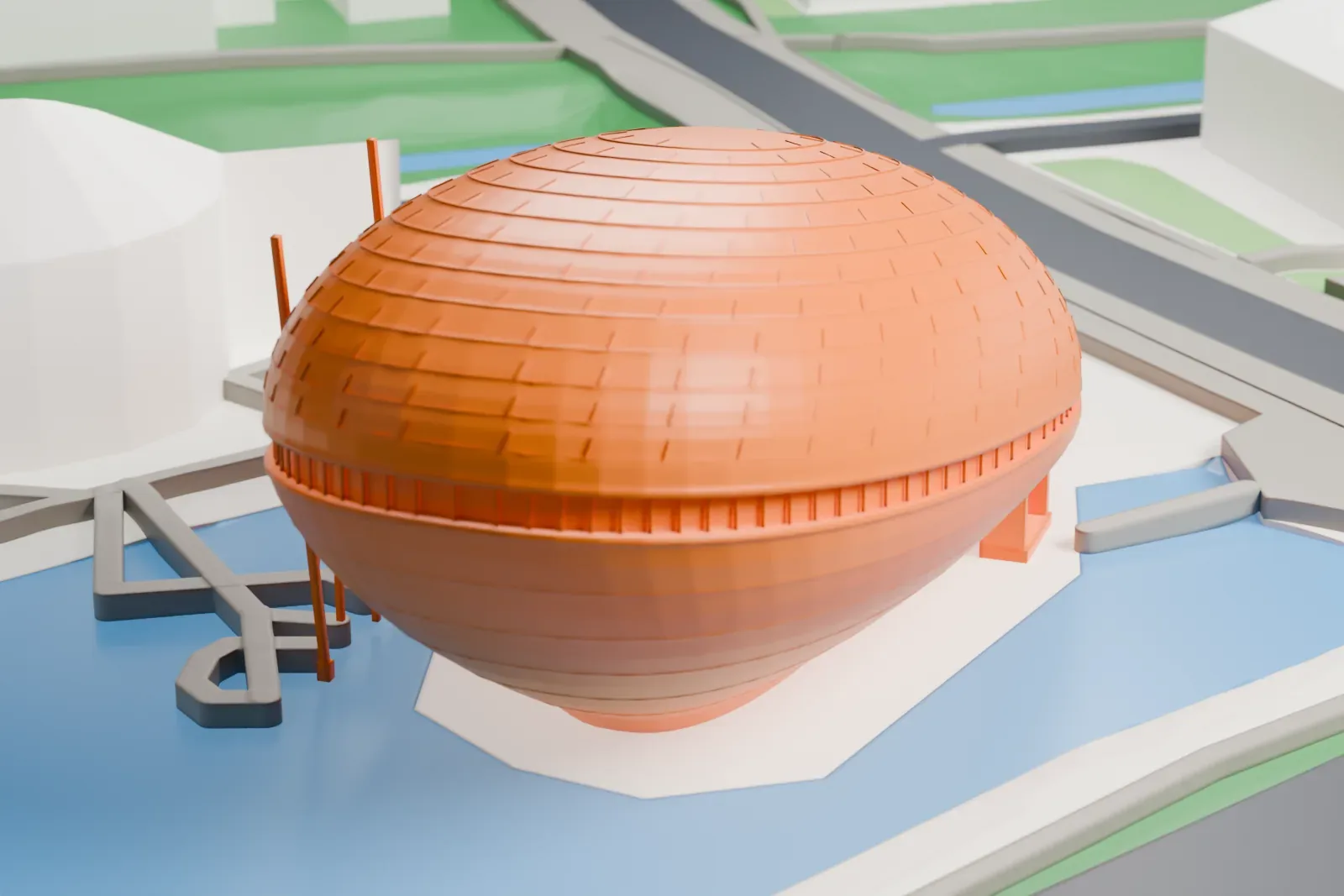 A white 3D print of Universum Bremen with its curved shell among surrounding streets and buildings.