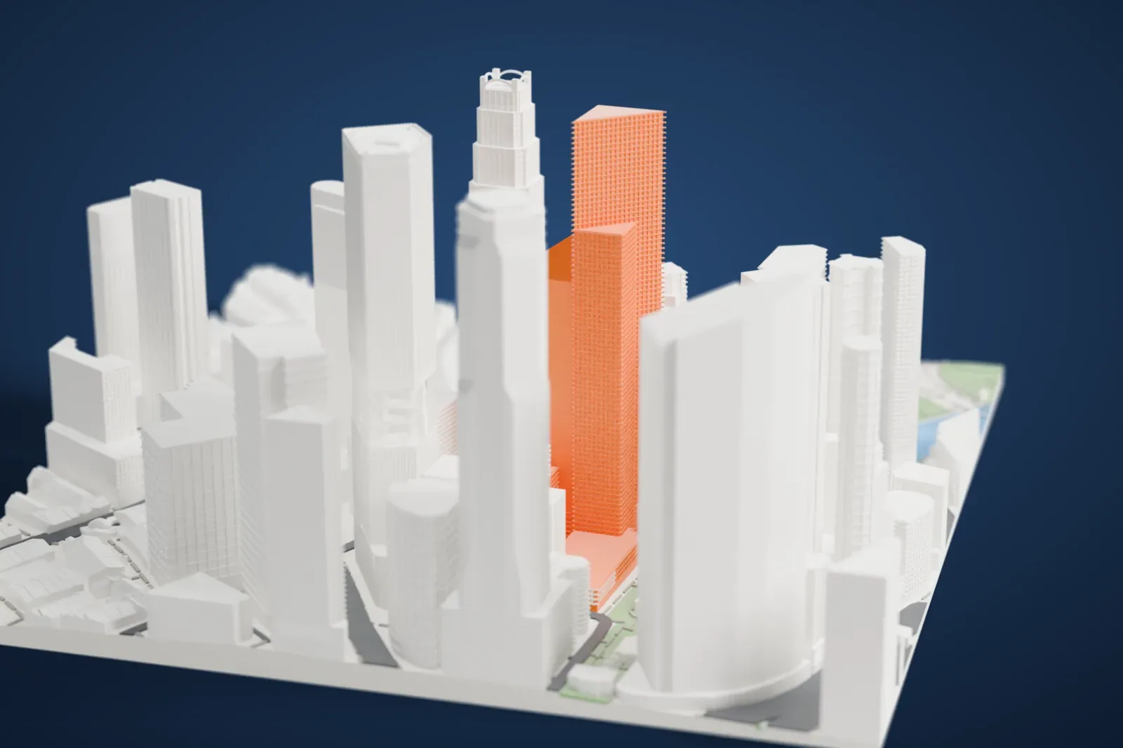 A white 3D print of UOB Plaza One, a tall tower with stepped sides and a small arch at its top, rising among skyscrapers beside the water.