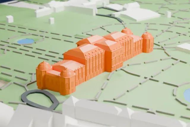 A white 3D print of the Upper Belvedere model in Vienna, with the streets around it.