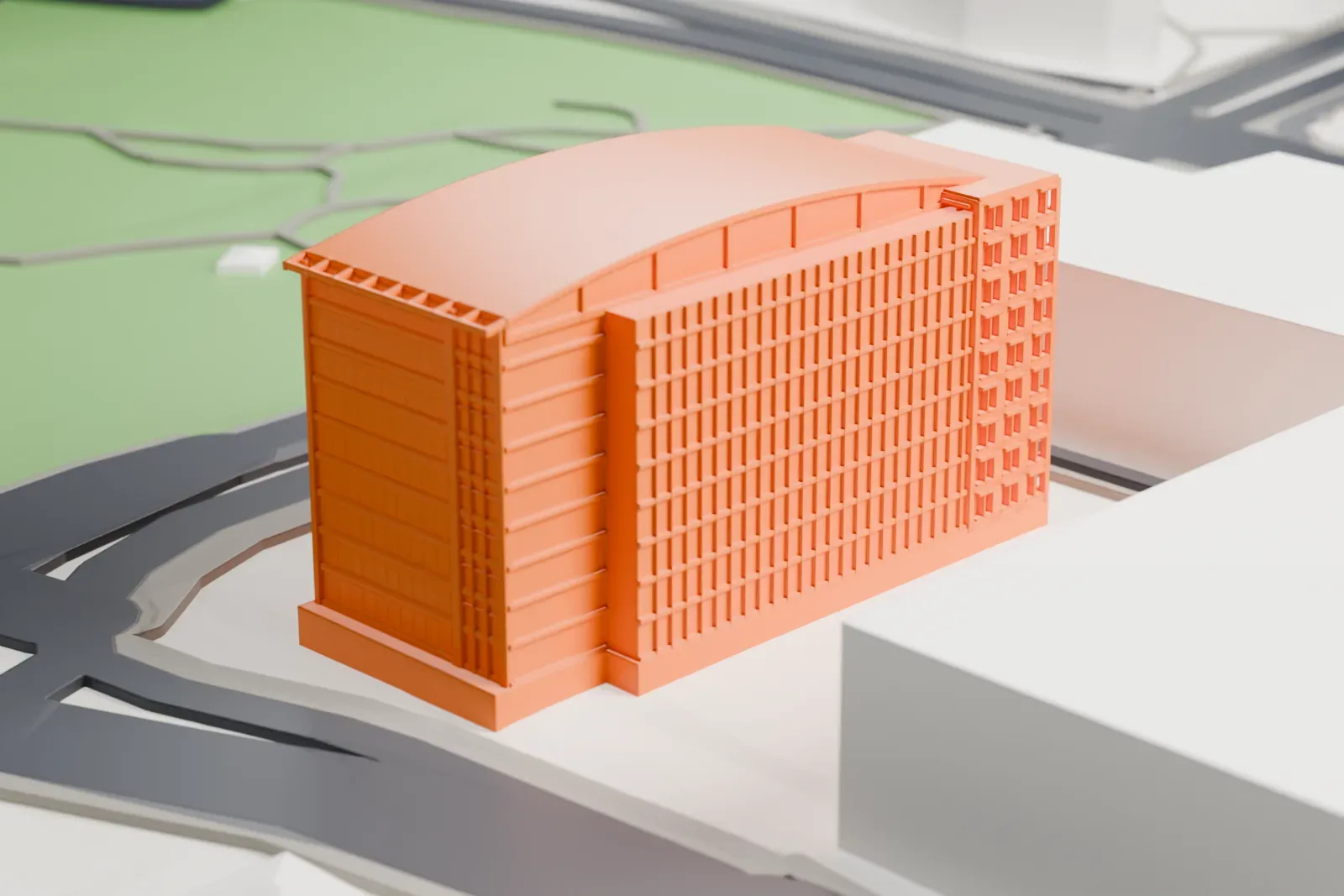 A white 3D print of the US Airways Building, a long office building with a curved roof and a lower masonry end, among surrounding Tempe streets and buildings.
