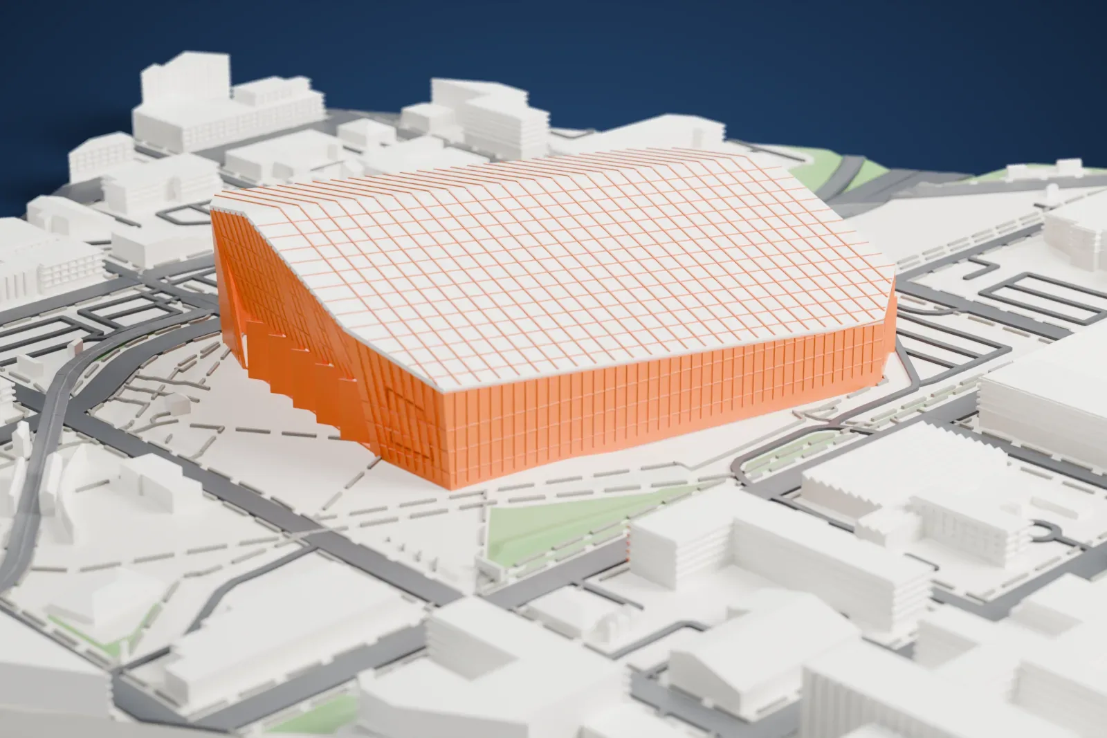 A white 3D print of US Bank Stadium, a large angular building with a sloping, paneled roof, surrounded by city streets, wide roads and low buildings.