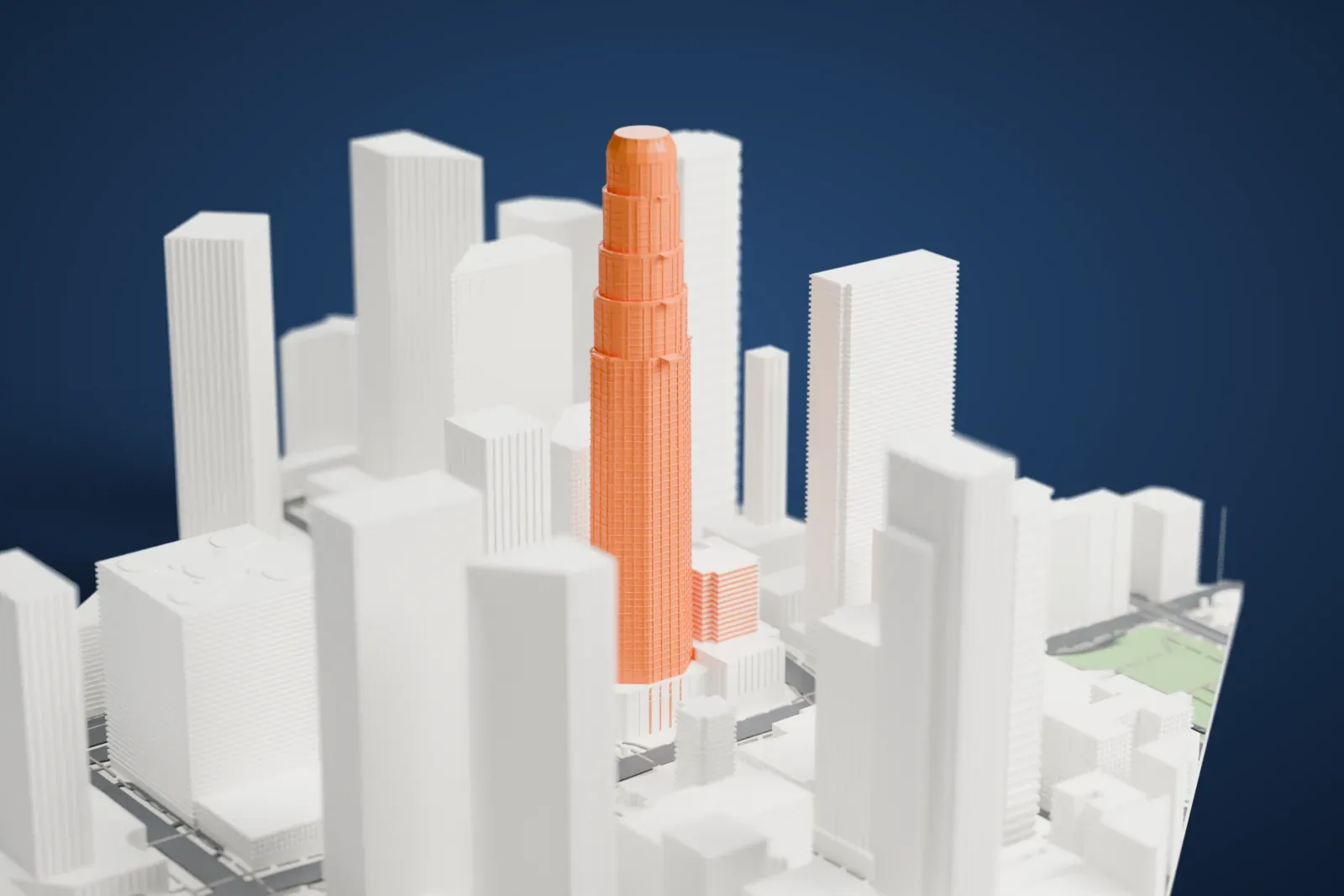 A white 3D print of the U.S. Bank Tower, a slender skyscraper with a stepped, rounded crown, standing among other high-rise buildings.