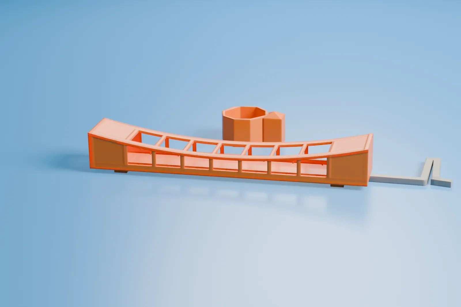 A white 3D print of the USS Arizona Memorial, a long, low structure with a sagging middle and rows of window openings, standing on short footings in open water beside a small octagonal enclosure.