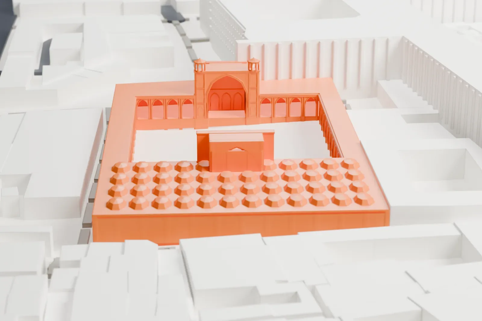A white 3D print of the Vakil Mosque, a low rectangular building around an open courtyard, with a roof of many small domes, among closely packed buildings.