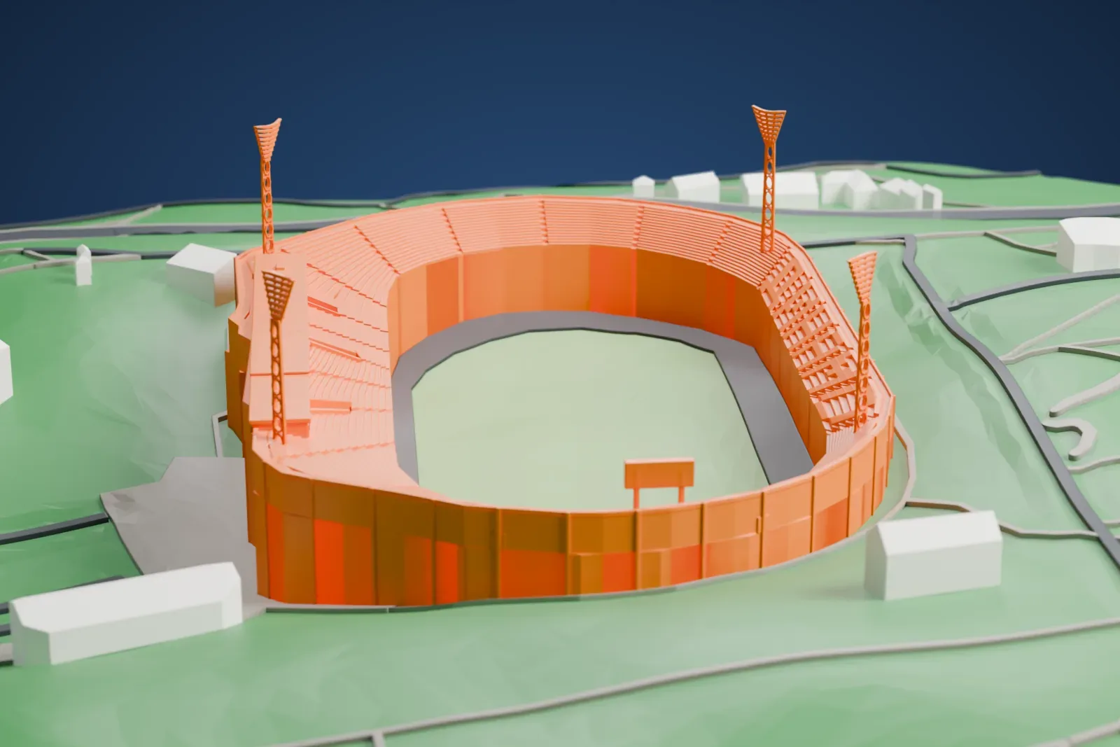 A white 3D print of the Valeriy Lobanovskyi Dynamo Stadium, an open oval football ground with four floodlight towers, among the park and buildings of Kyiv.
