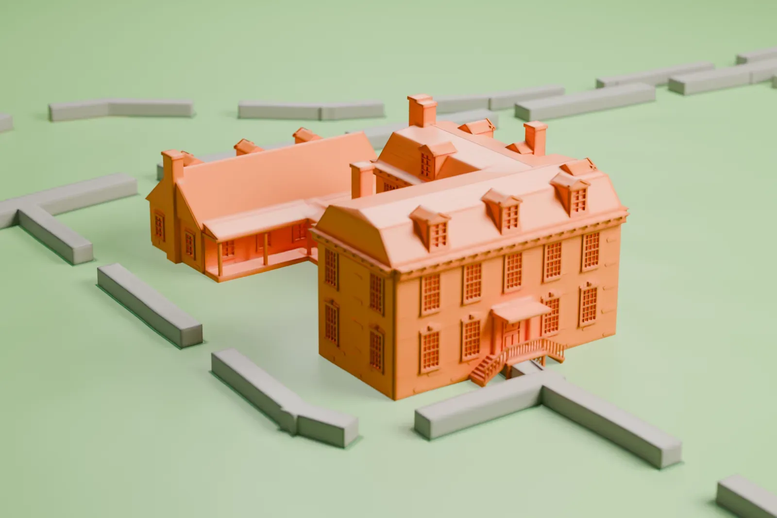 A white 3D print of the Van Cortlandt House, a multi-winged house with dormers, chimneys and a porch, standing on open parkland with paths around it.