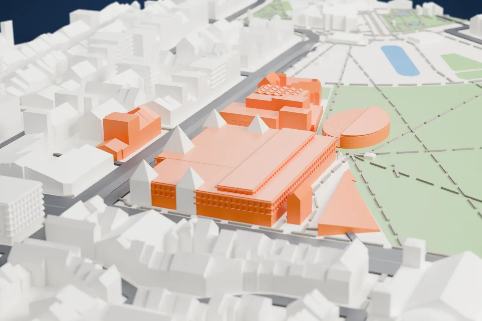 A white 3D print of the Van Gogh Museum, a blocky building with a stepped roof with a grid of small raised panels beside an oval, drum-like wing, next to a park lawn with diagonal footpaths.