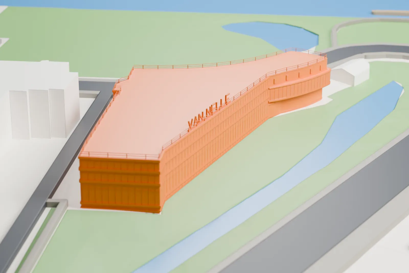 A white 3D print of the Van Nelle Factory beside the Schie in Rotterdam, with surrounding streets and buildings.