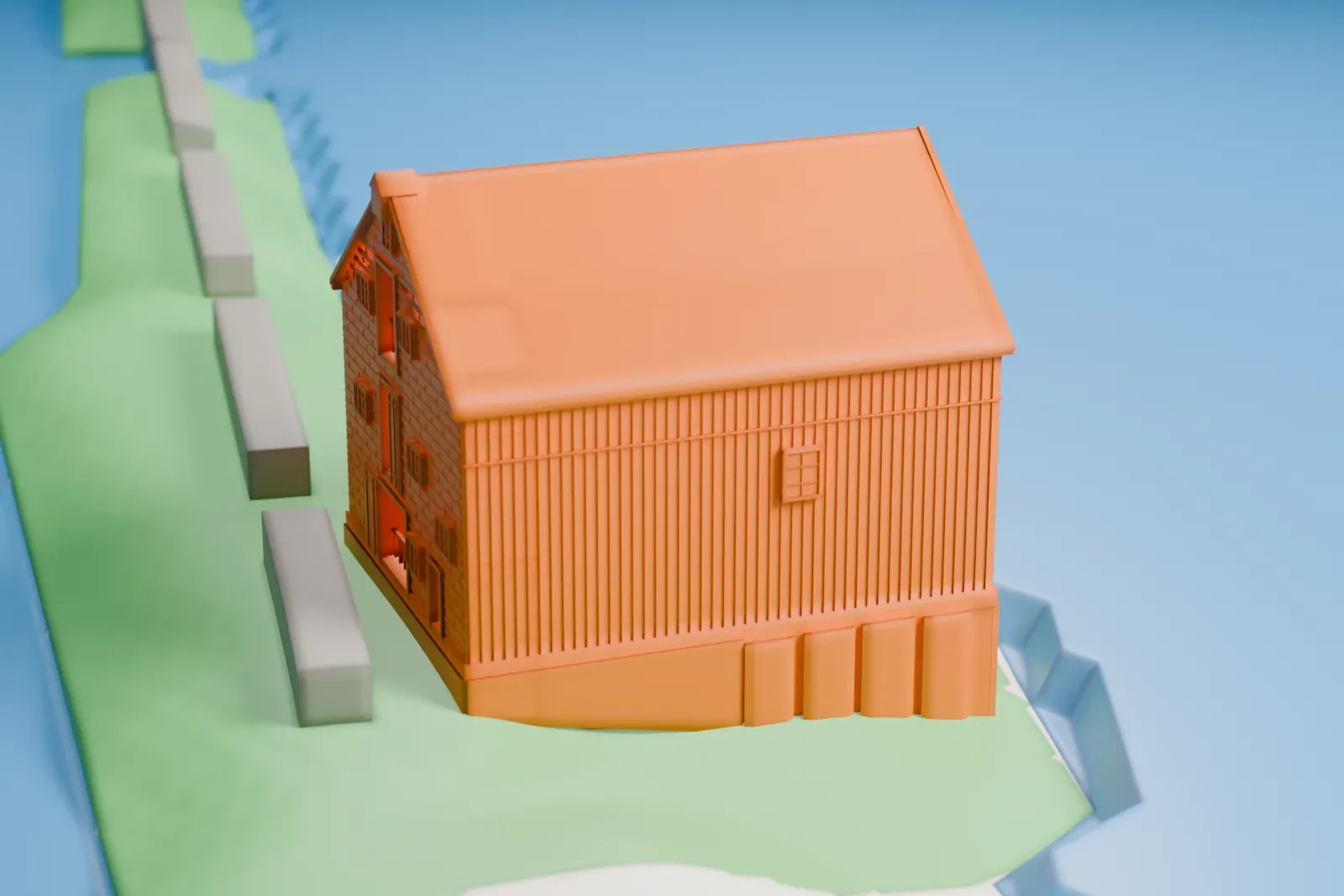 A white 3D print of the Van Wyck-Lefferts Tide Mill, a tall gabled mill with board siding, standing on a narrow strip of land surrounded by water.