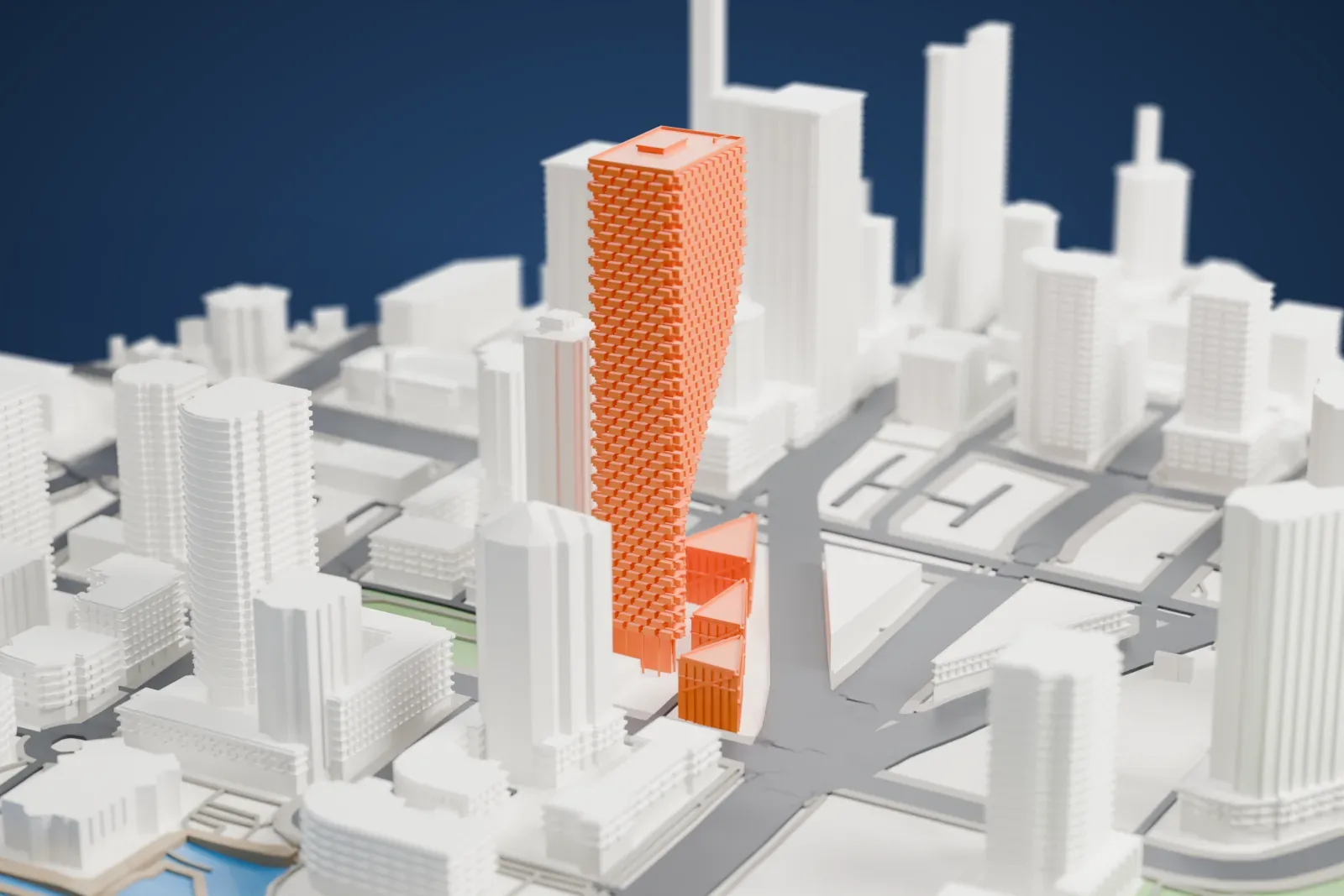 A white 3D print of Vancouver House, a tall residential tower, among the surrounding streets and buildings.