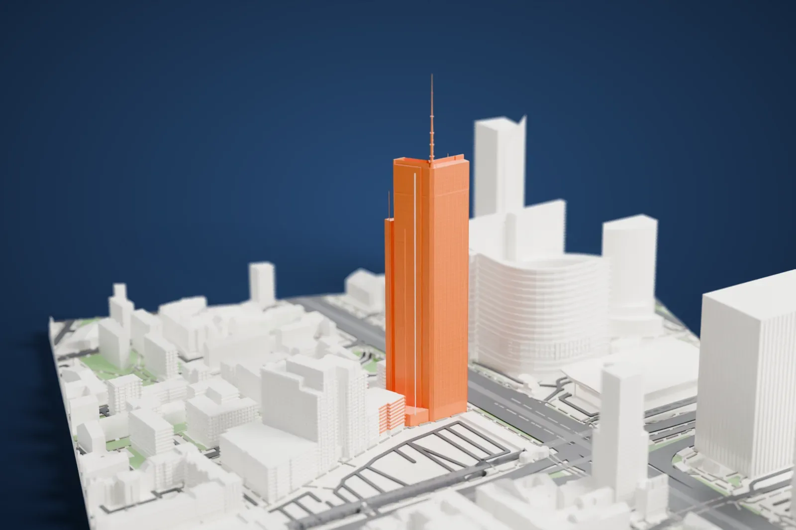 A white 3D print of Varso Tower, a tall slim skyscraper with a stepped crown and a thin spire, rising above mid-rise buildings and wide roads.