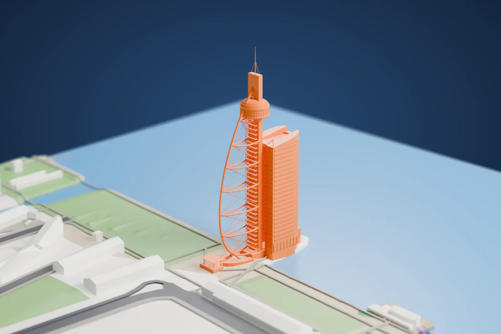 A white 3D print of the Vasco da Gama Tower, an open lattice sail with a slim mast and circular observation pod, standing among the surrounding buildings of Lisbon.