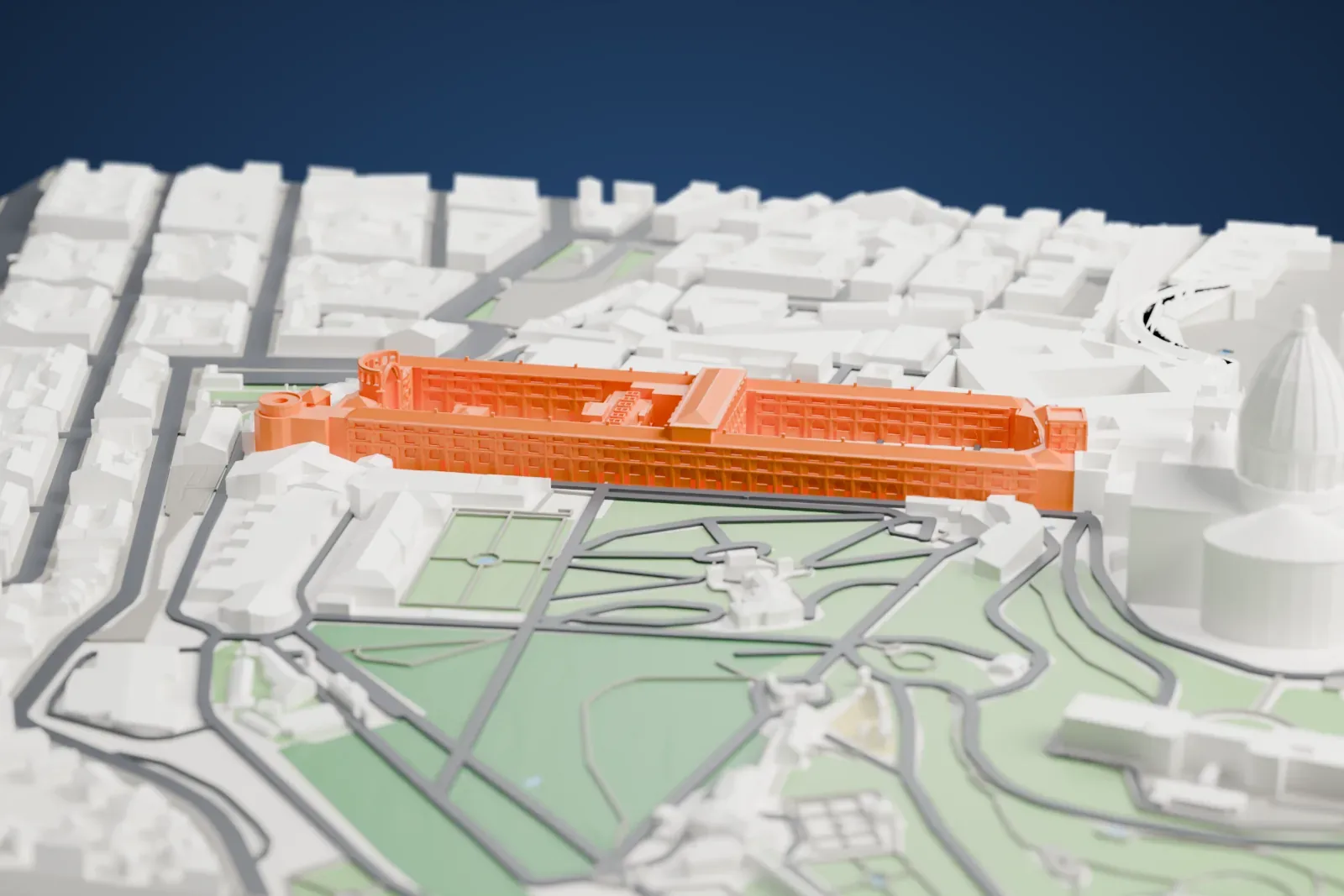 A white 3D print of the Vatican Library, a range of palace buildings, among the surrounding streets and buildings of Vatican City.