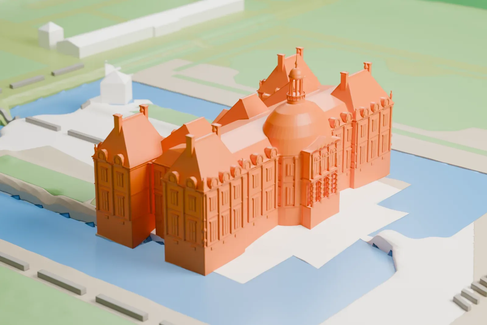 A white 3D print of Vaux-le-Vicomte, a château with a central dome and steep-roofed pavilions, standing in a rectangle of water with lawns beyond.