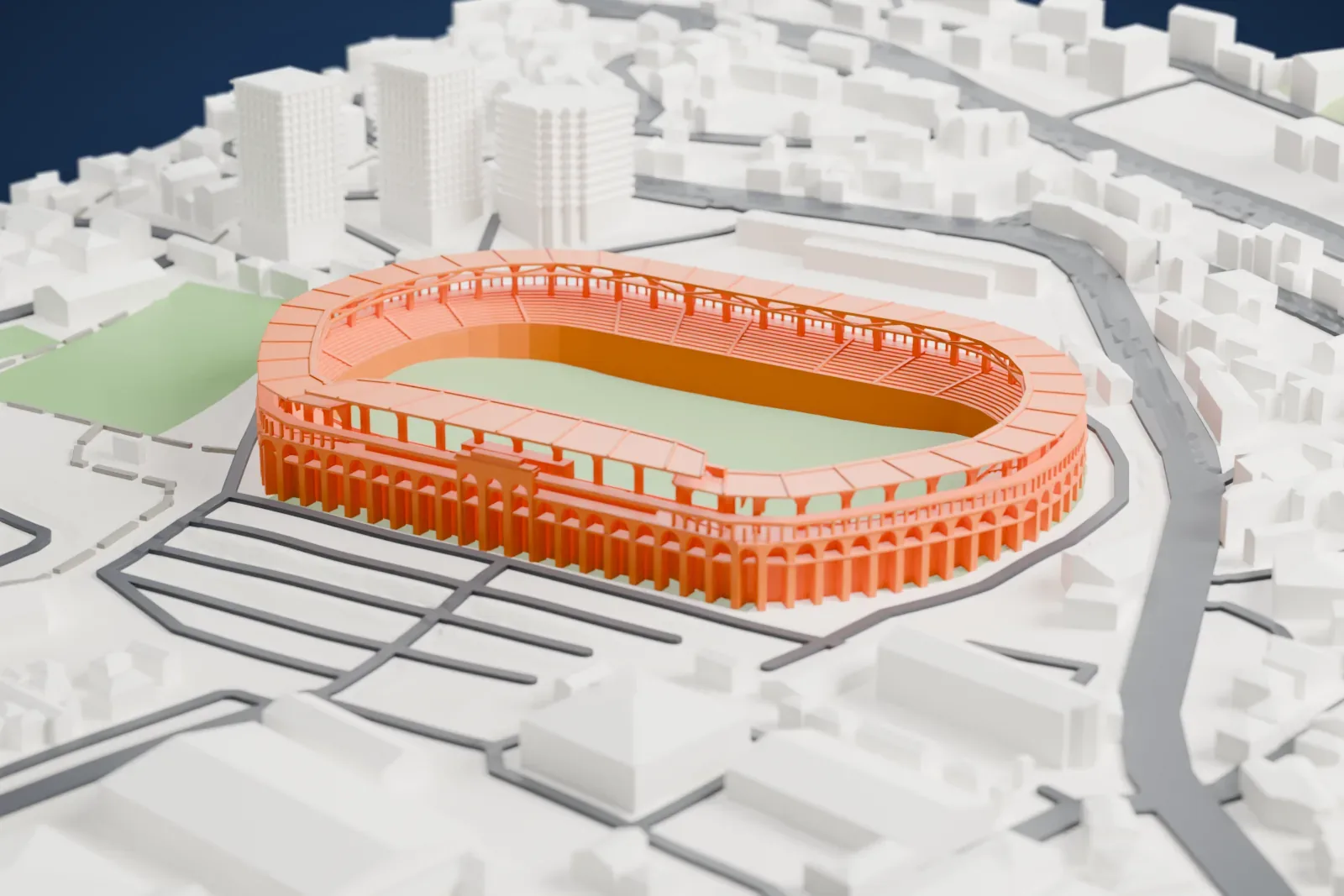 A white 3D print of the Vazgen Sargsyan Republican Stadium, an oval bowl with a ring roof on arched piers, an arched street arcade and a higher flat roof over one straight side, among surrounding streets and buildings.