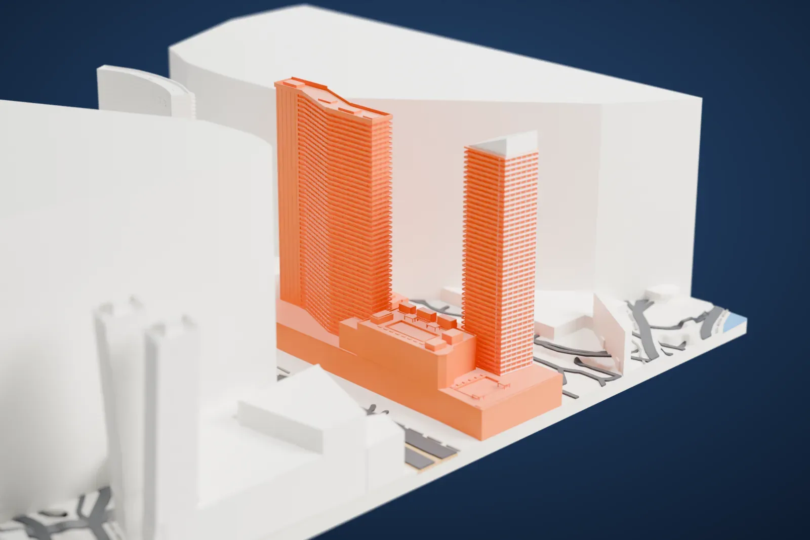 A white 3D print of Vdara, a tall crescent-shaped tower with fine horizontal floor lines, standing among neighboring towers and curving roads.