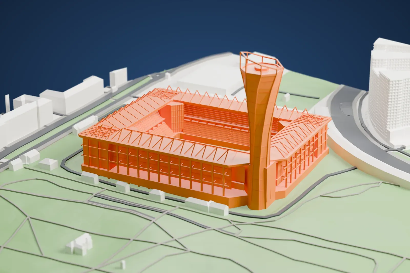 A white 3D print of VEB Arena, a football stadium among the surrounding streets and buildings of Moscow.