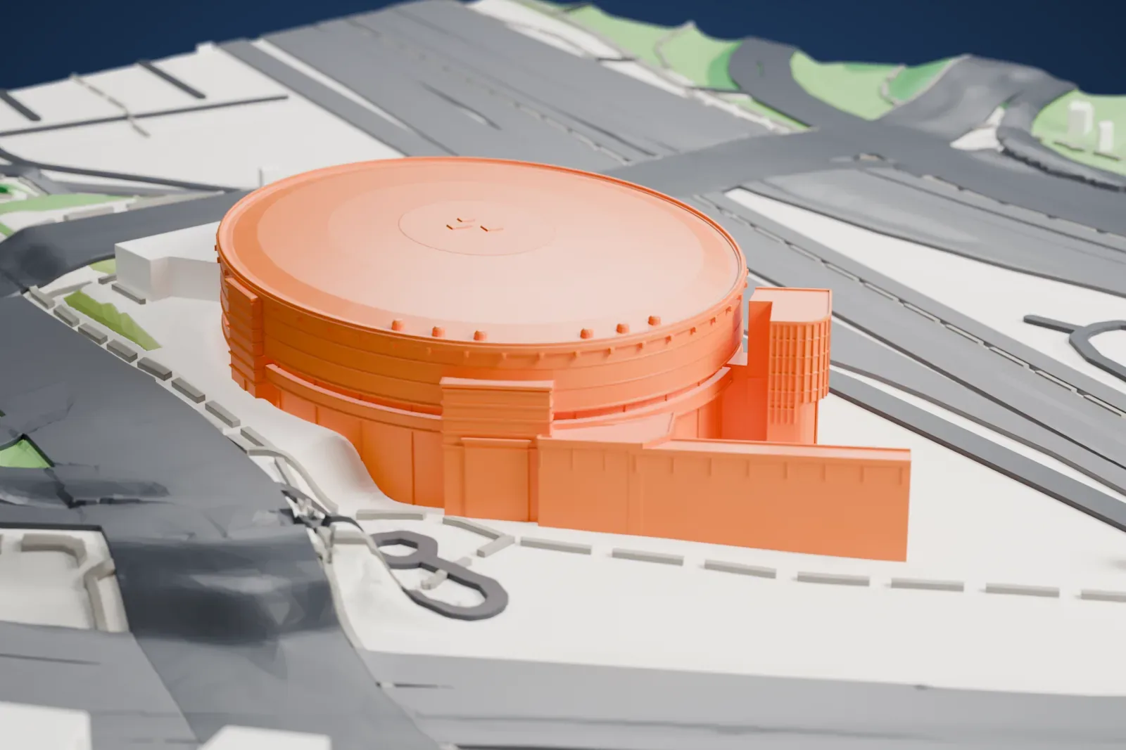 A white 3D print of Veikkaus Arena, a wide elliptical hall with banded walls, a shallow domed roof behind a thin parapet and a low annex with vertical fins, among surrounding streets and buildings.