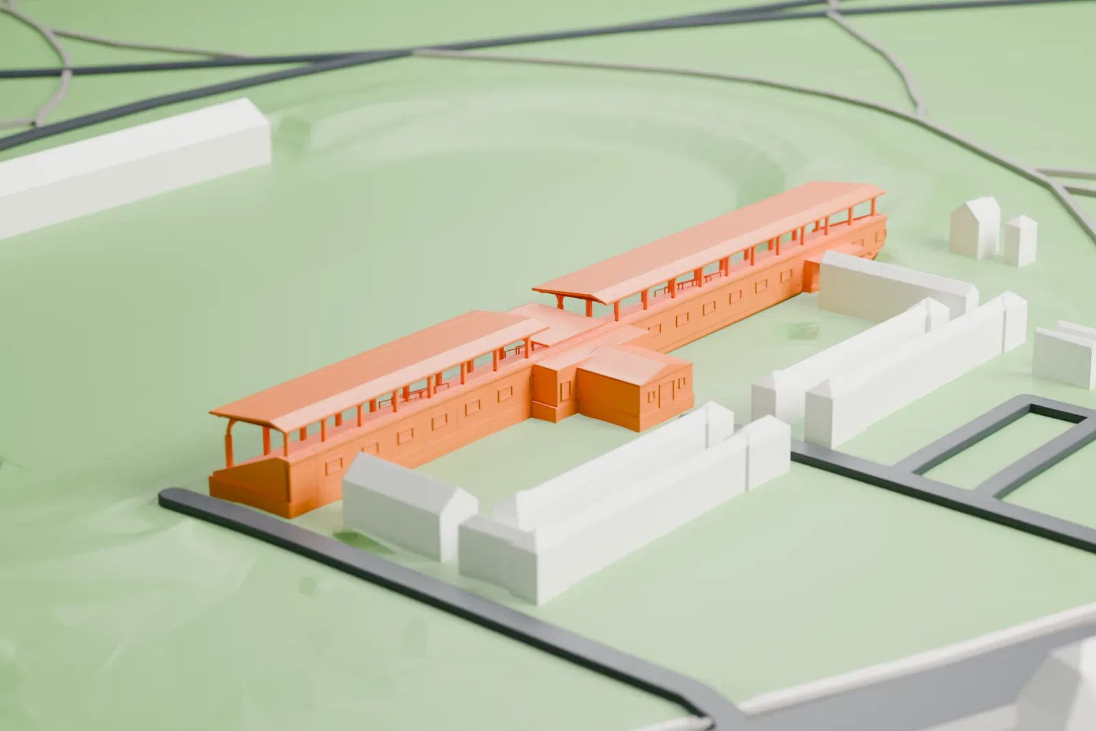A white 3D print of the Vélodrome de Vincennes, a low oval stadium in the Bois de Vincennes, with trees and city buildings around it.