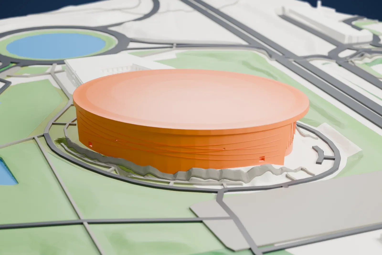 A white 3D print of the Vélodrome National, a cycling venue set among the surrounding streets and buildings.