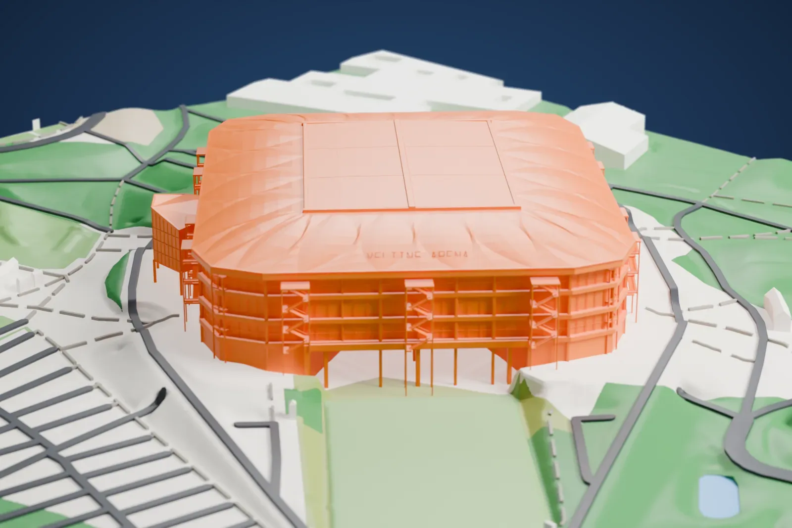 A white 3D print of Veltins-Arena, a rounded stadium with a seamed roof and open stair towers along its sides, surrounded by green hills, parking lots and roads.
