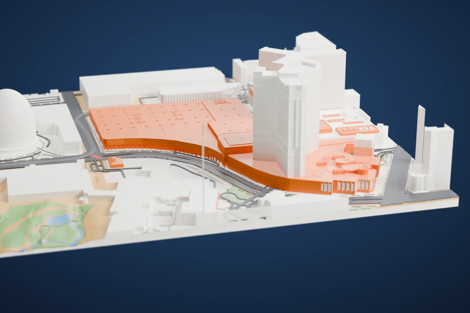 A white 3D print of the Venetian Expo, a broad flat-roofed hall with a curved side wall, beside a large egg-shaped dome and tall resort towers.
