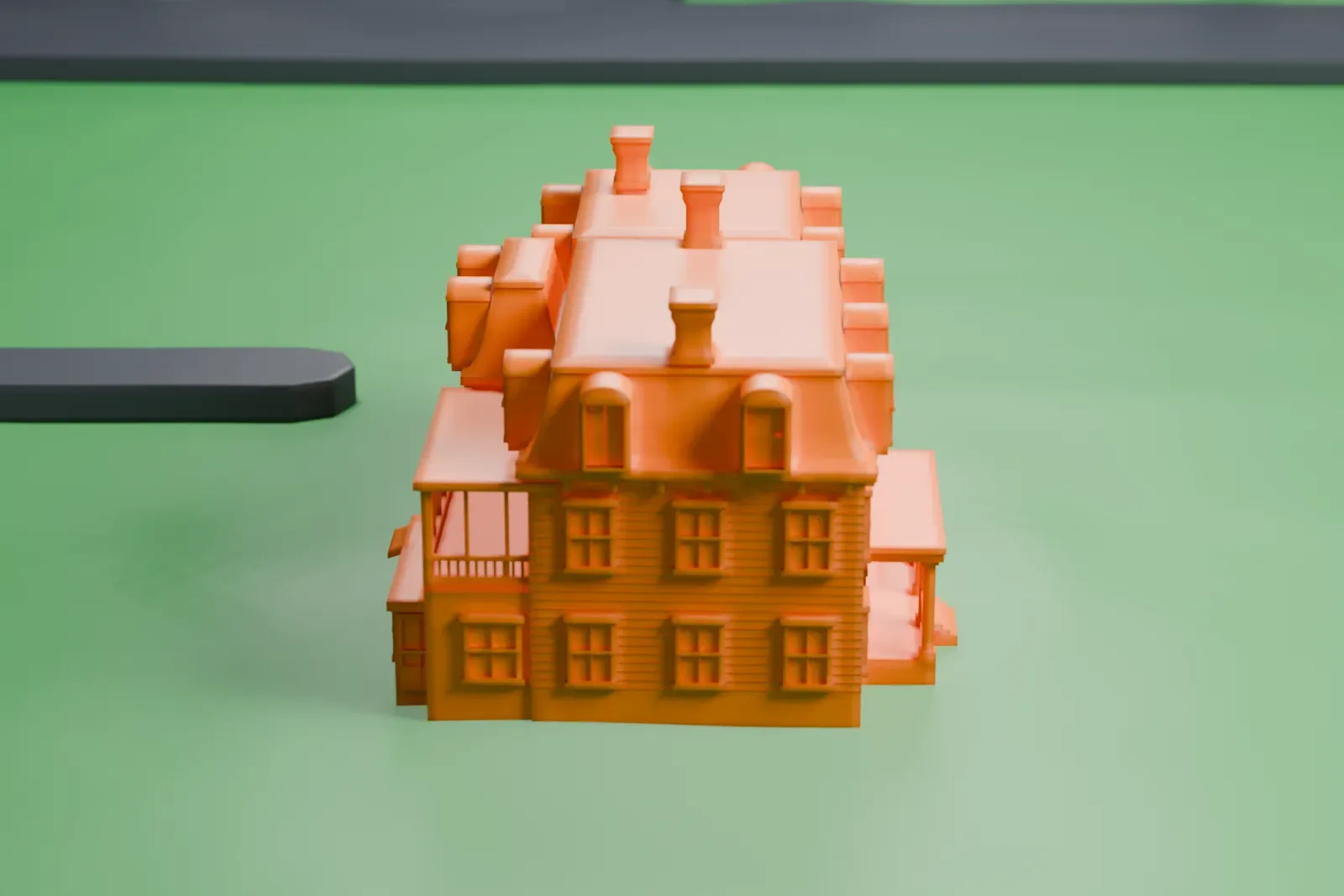A white 3D print of the Vermeule Mansion, a large house with a mansard roof, dormer windows, chimneys and porches, on open green grounds.