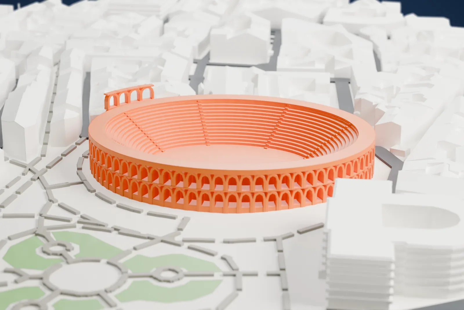 A white 3D print of the Verona Arena, an oval amphitheater with two rings of arches and stepped seating, surrounded by dense city buildings and a small park with paths.