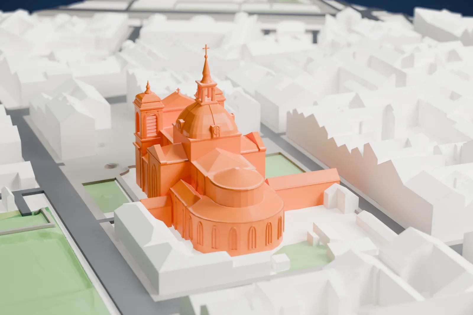 A white 3D print of Versailles Cathedral among the surrounding streets and buildings of Versailles.