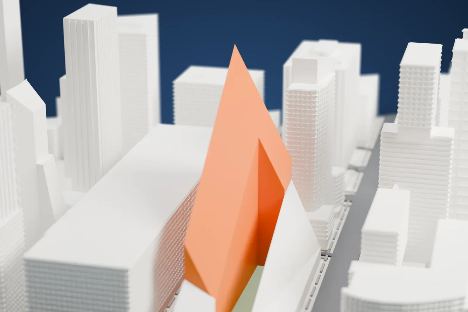 A white 3D print of Via 57 West, a pyramid-shaped tower with a sloped, balconied face and a courtyard opening, standing beside a river and surrounded by tall buildings.
