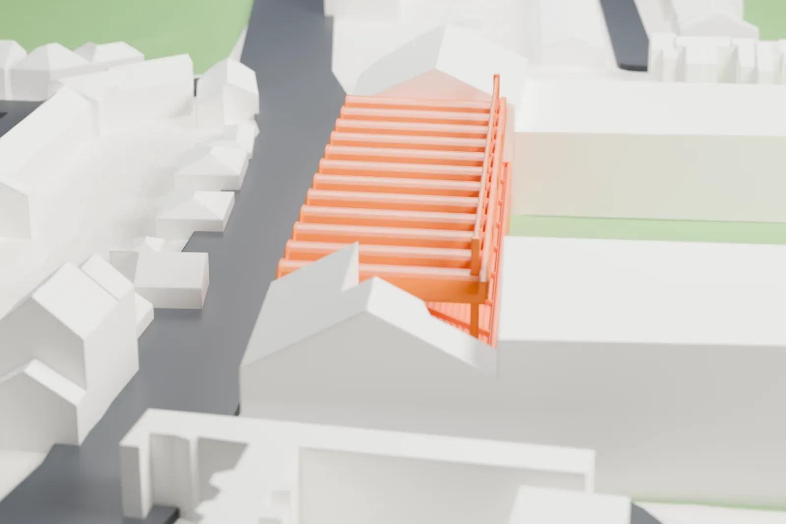 A white 3D print of the Vicarage Road Stand, a single-tier stand with arched bays and club lettering along its back wall, barrel roofs behind and a lattice girder above the front, among surrounding streets and buildings.