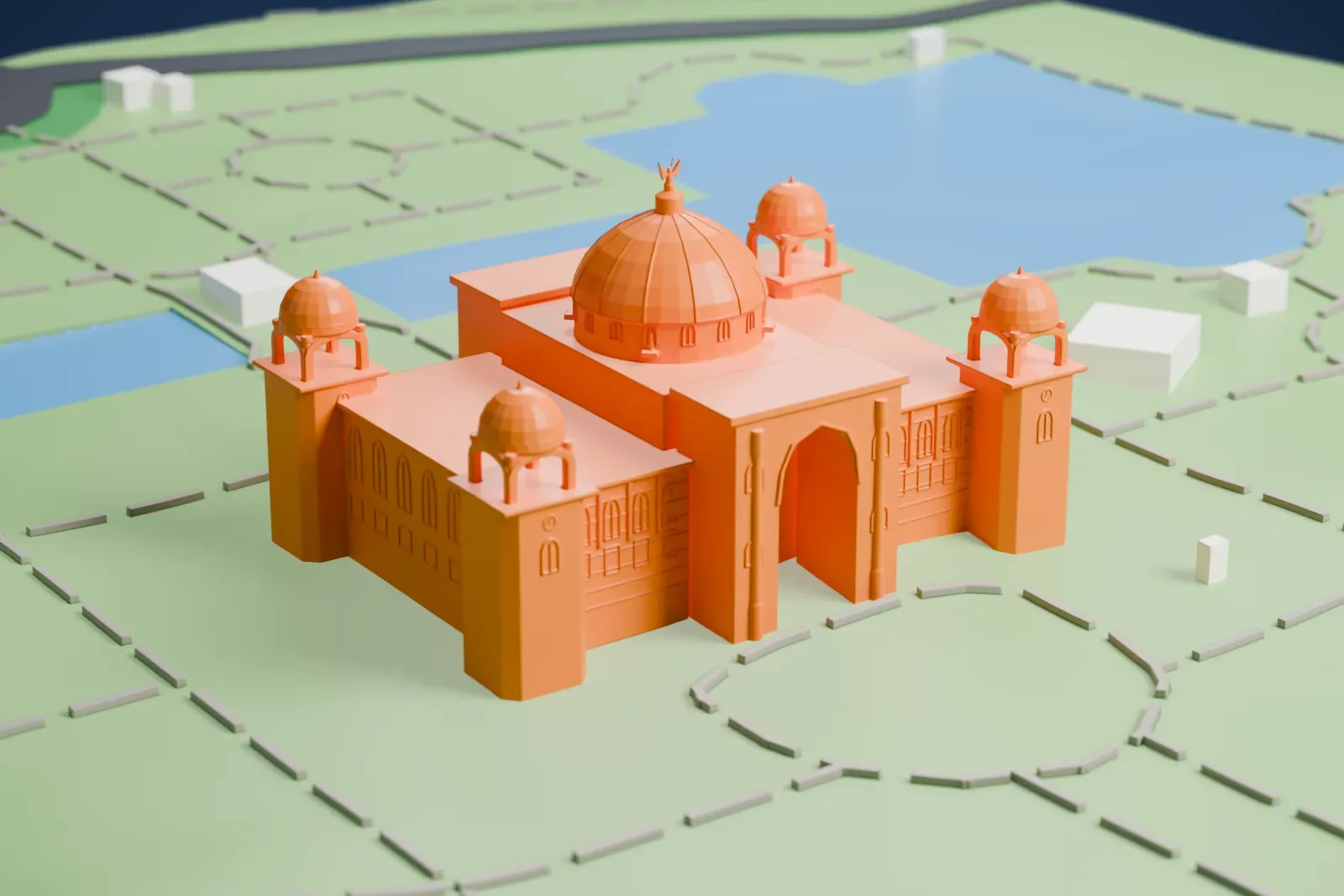 A white 3D print of the Victoria Memorial, a domed monument with four small domed pavilions on its corner towers, surrounded by garden paths, lawns and ponds.